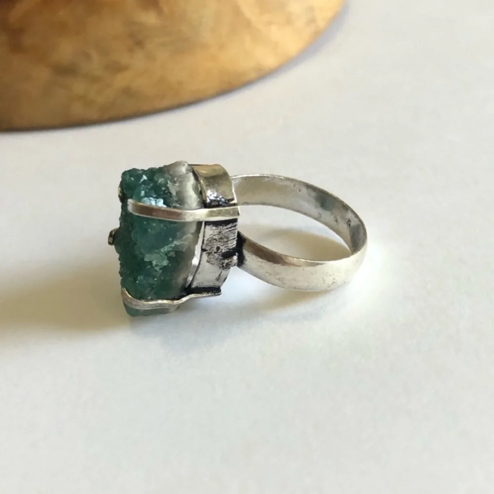 Green Druzy Silver Plated Ring